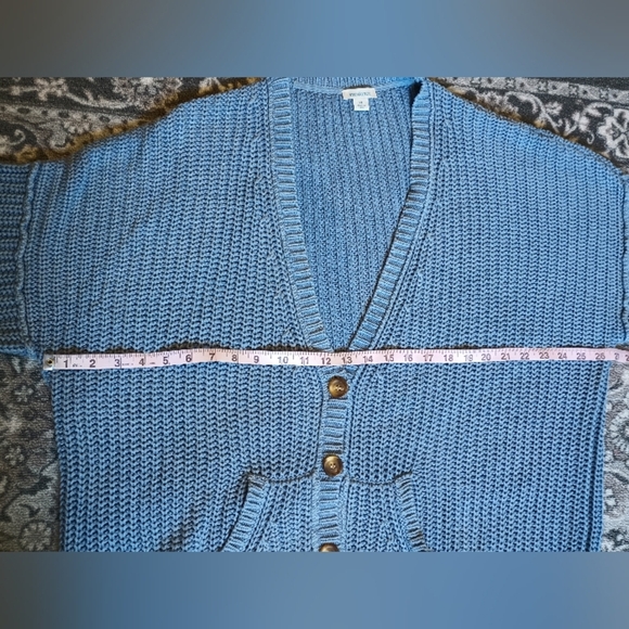 Sundance Womens Crochet Cardigan XL Blue Chunky Knit V Neck Button Front - Picture 14 of 14